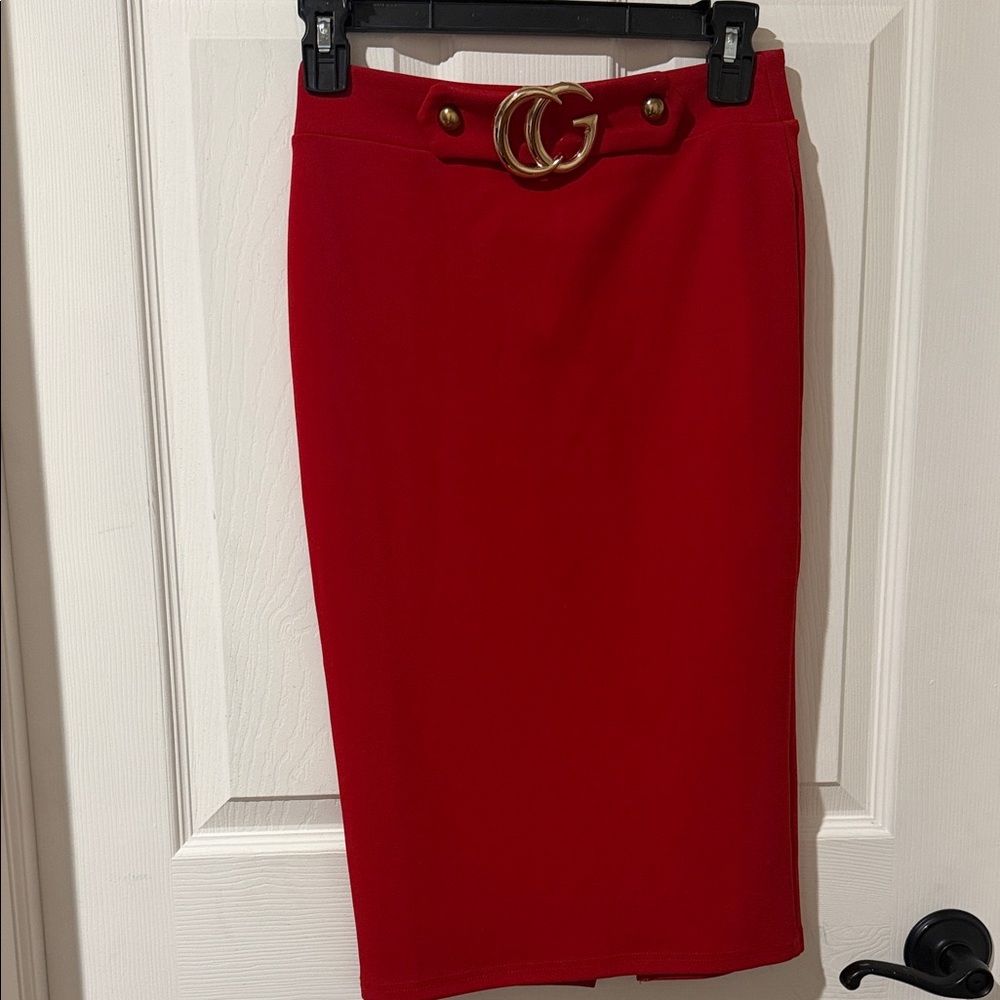 Michel Studio Red Pencil Skirt with Gold Buckle